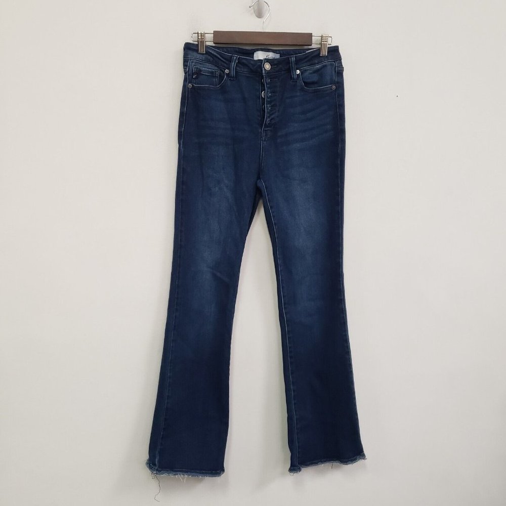 Kancan Womens Rainn Ultra High Rise Flare Jeans Size 9 Dark Wash Button Fly Blue